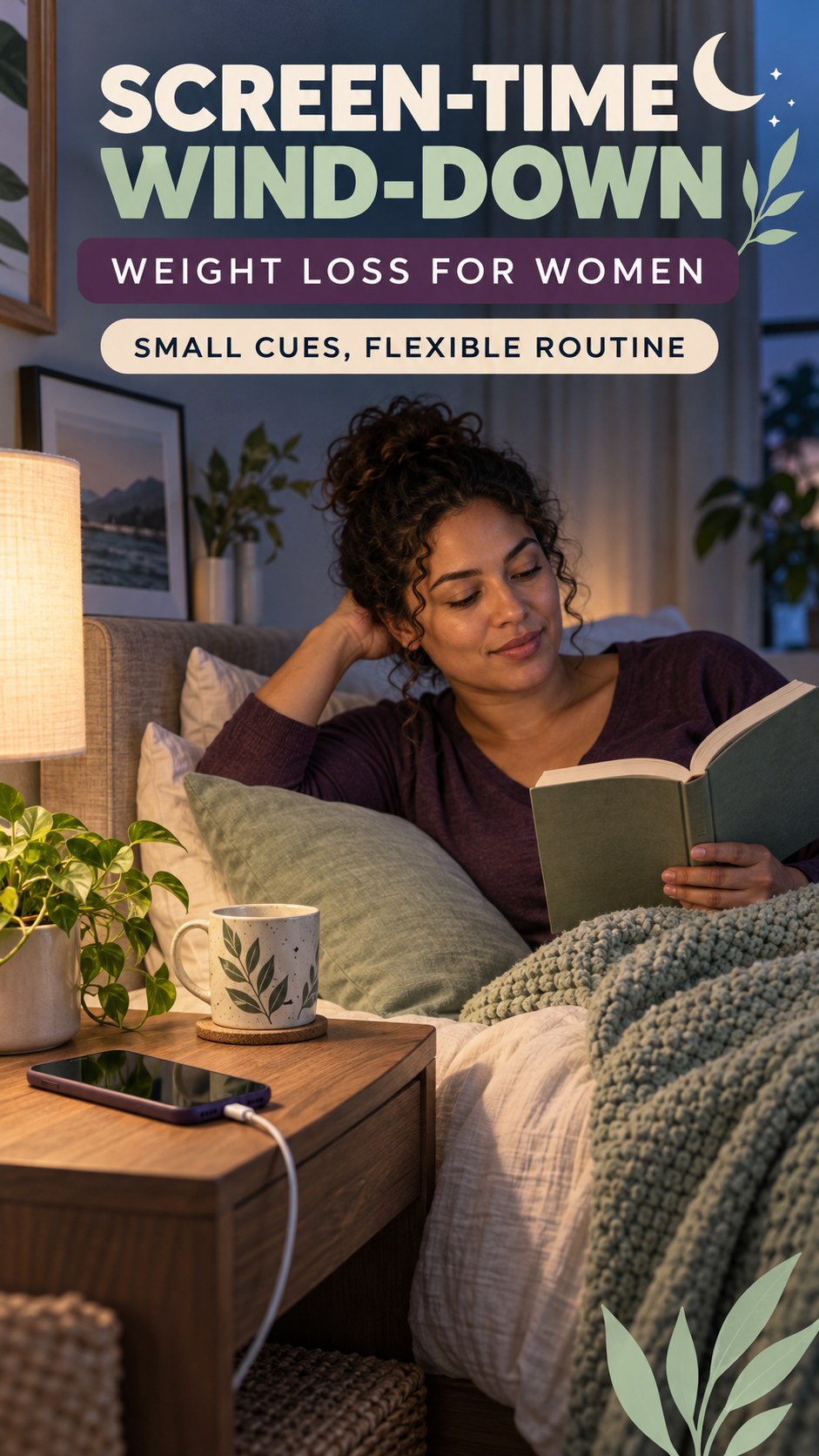 Screen-Time Wind-Down infographic for Weight Loss for Women, showing a flexible and calming evening wellness routine.