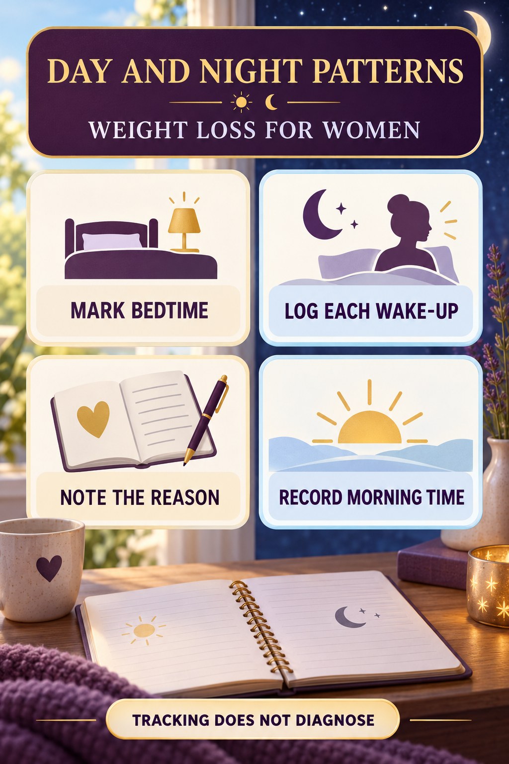 Separate Daytime and Nighttime Patterns urinary symptom tracking infographic for Weight Loss for Women with four practical diary points and a non-diagnostic reminder.