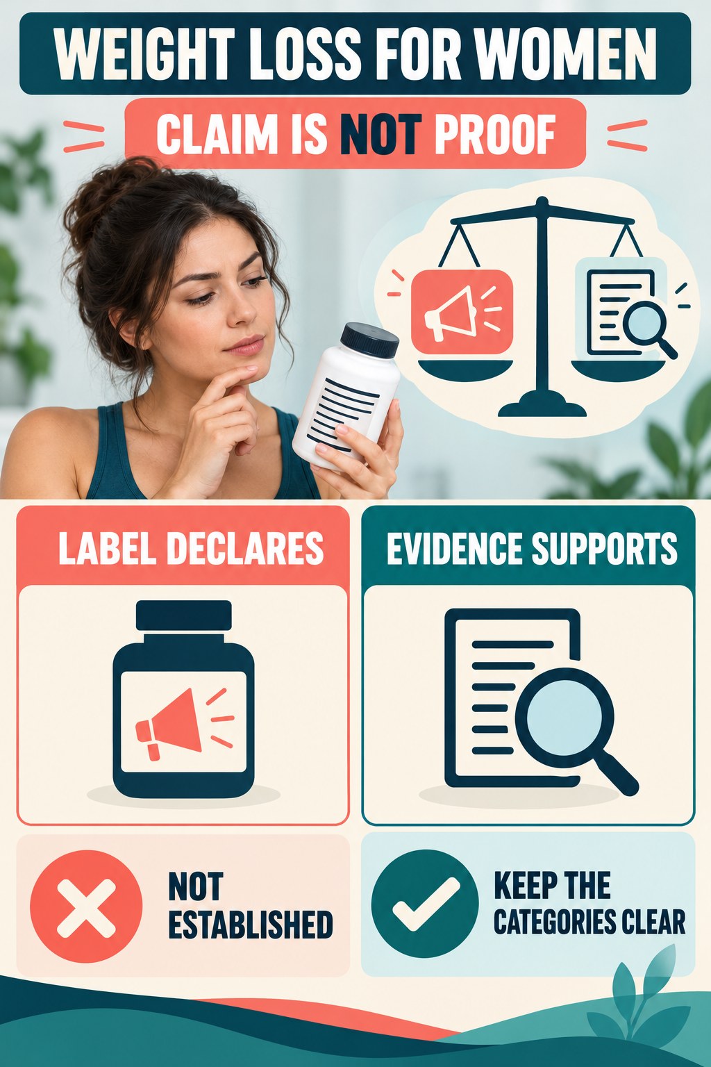 Separate Label Claims From Independent Evidence infographic for Weight Loss for Women with four concise probiotic-label reading points.