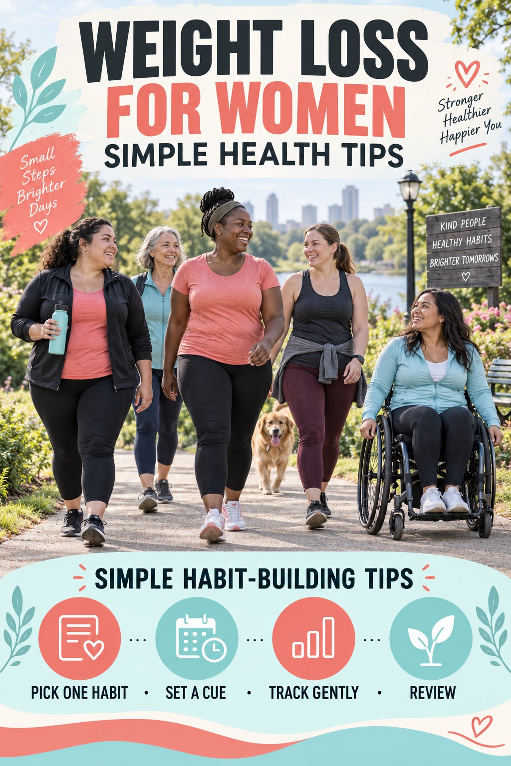 Weight Loss for Women simple-health graphic titled Simple Habit-Building Tips with four practical wellness prompts.