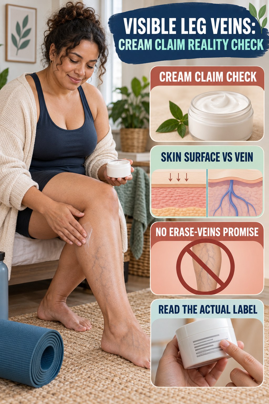 Cream Claim Reality Check infographic for Weight Loss for Women, showing body-neutral visible-leg-vein appearance care and the boundary between temporary cosmetic support and treatment.