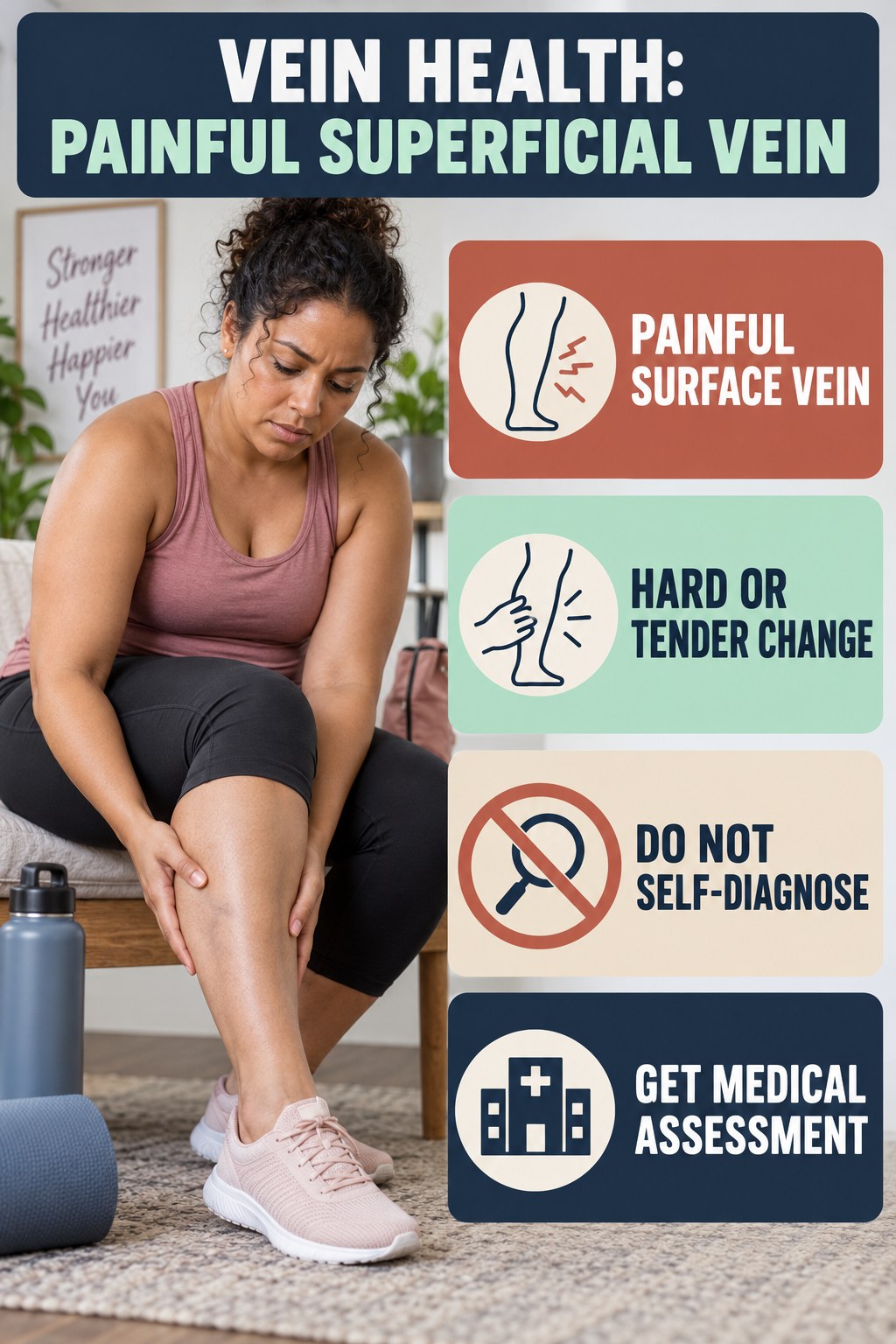 Painful Superficial Vein infographic for Weight Loss for Women, explaining vein-health warning signs and the appropriate next action without diagnosing a condition.