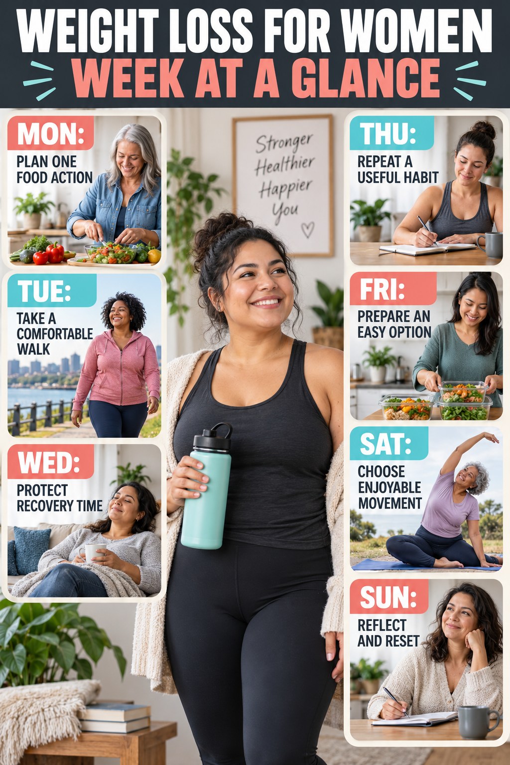 Weekly Weight Loss for Women plan graphic with concise Monday-to-Sunday actions and flexible recovery guidance.