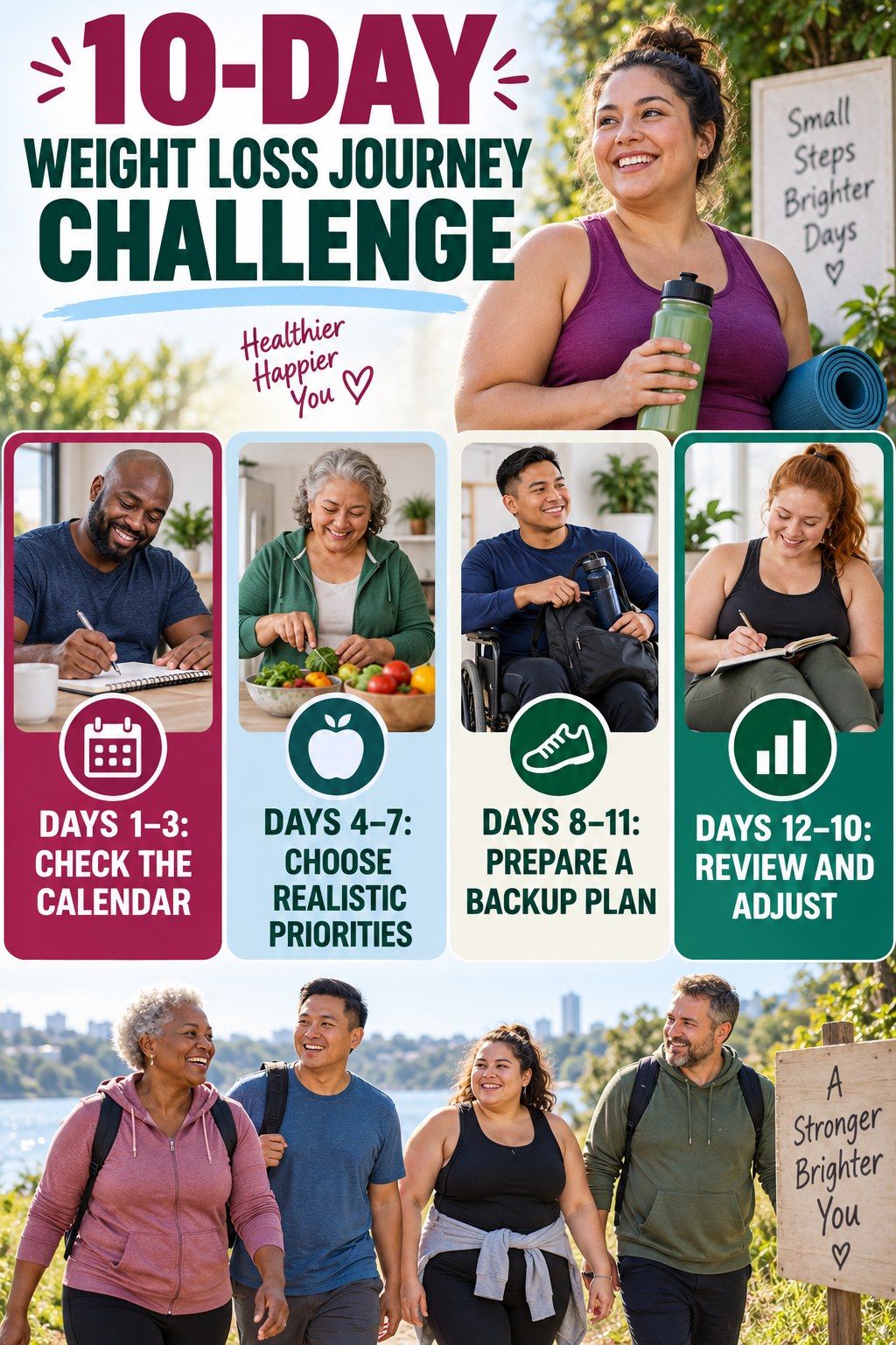 10-day Weight Loss Journey challenge graphic showing four manageable milestones for consistent practice.