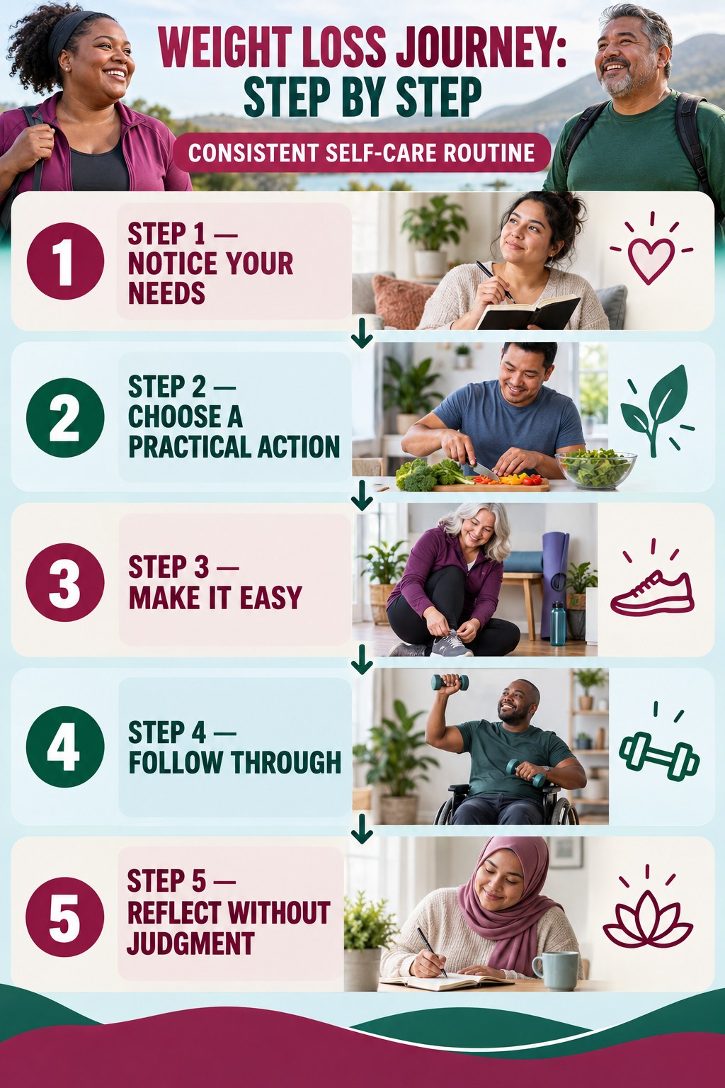 Weight Loss Journey step-by-step graphic showing five numbered stages for consistent self-care routine.