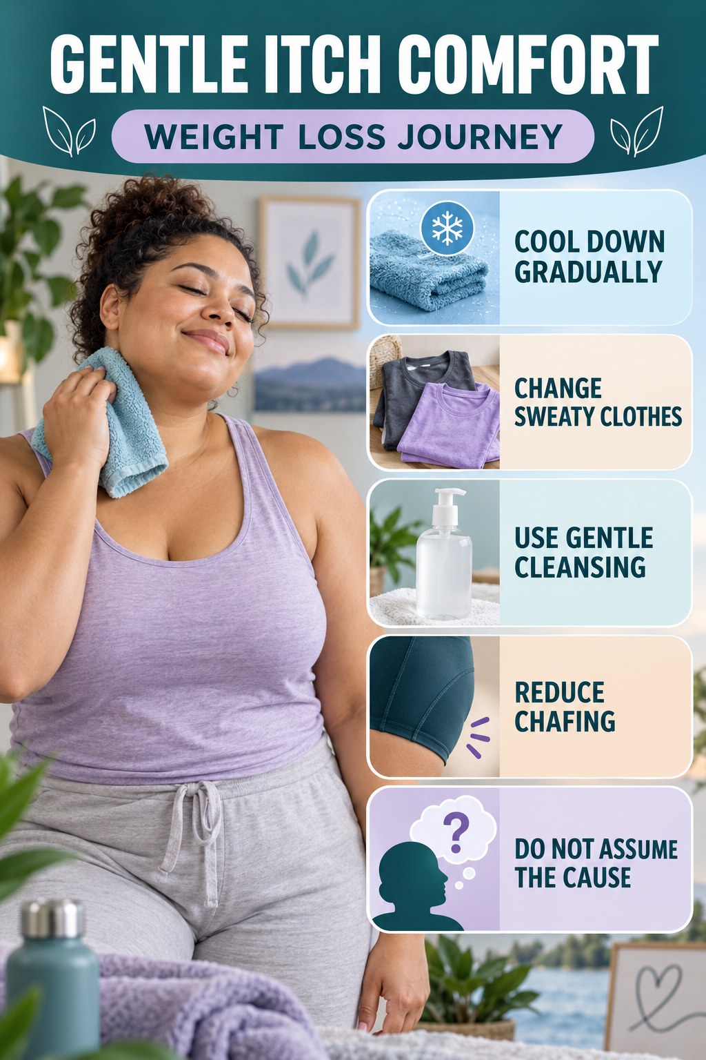 After-Activity Skin Comfort infographic for Weight Loss Journey with five gentle itchy-skin comfort strategies and a non-diagnostic safety focus.