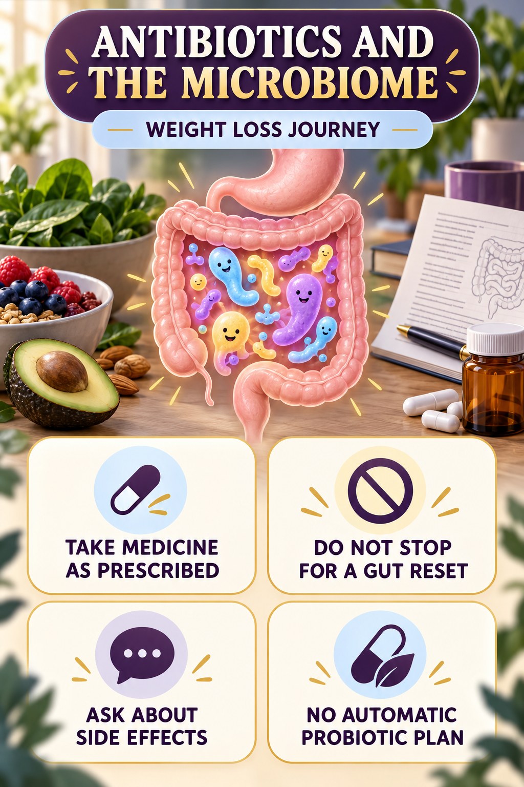 Antibiotics and Microbiome Questions educational infographic for Weight Loss Journey with four evidence-aware points.