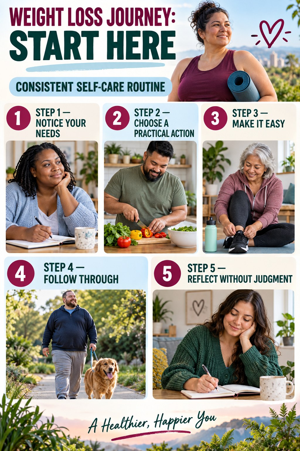 Weight Loss Journey beginner guide graphic showing five manageable stages for consistent self-care routine.