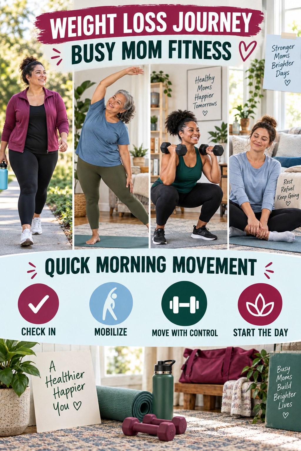 Weight Loss Journey busy-mom fitness graphic titled Quick Morning Movement with four practical movement prompts.