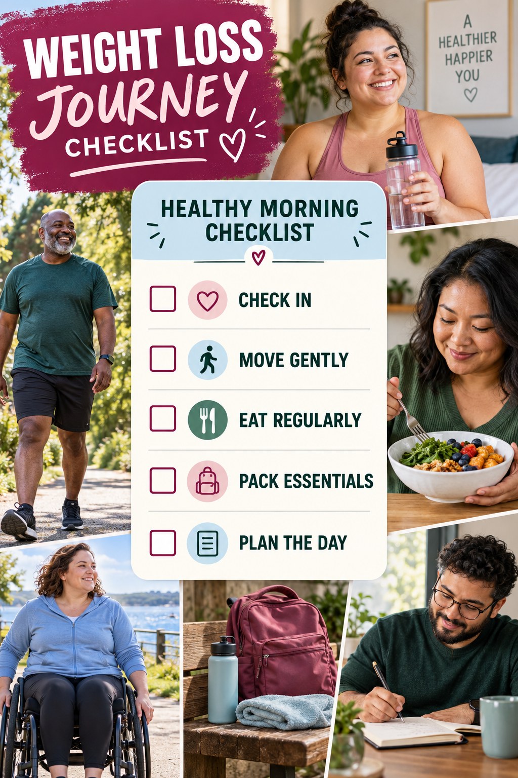Weight Loss Journey checklist graphic titled Healthy Morning Checklist with five clear practical wellness items.