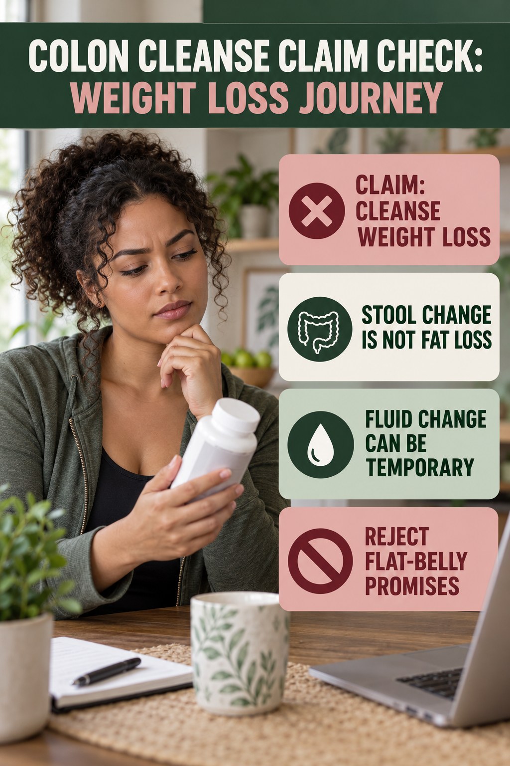 Weight-Loss and Flat-Belly Claims infographic for Weight Loss Journey, separating a colon-cleanse marketing claim from evidence, reasonable conclusions, and safety context.