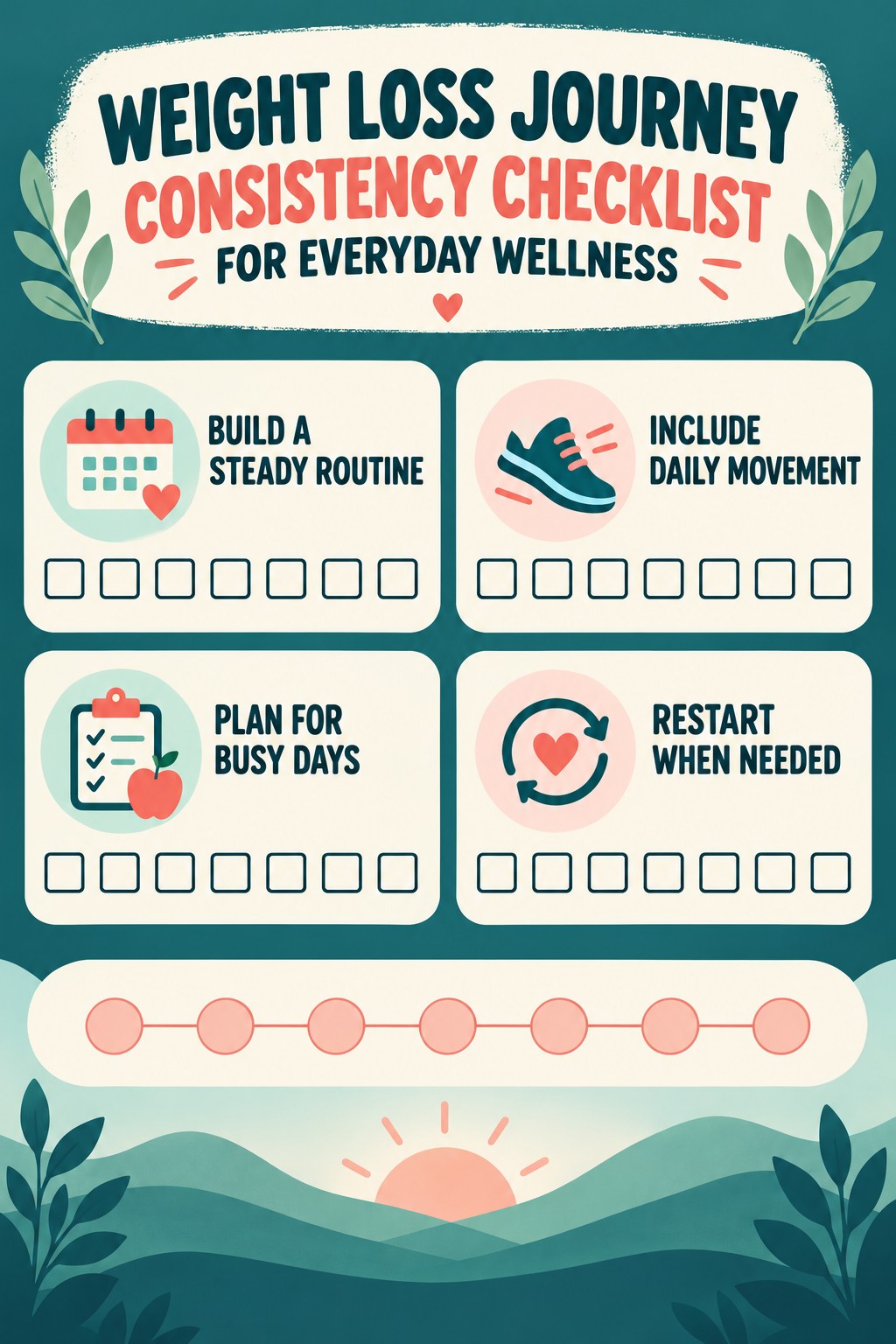 Weight Loss Journey Consistency Checklist for Everyday Wellness infographic with checkboxes for build a steady routine, include daily movement, plan for busy days, restart when needed.
