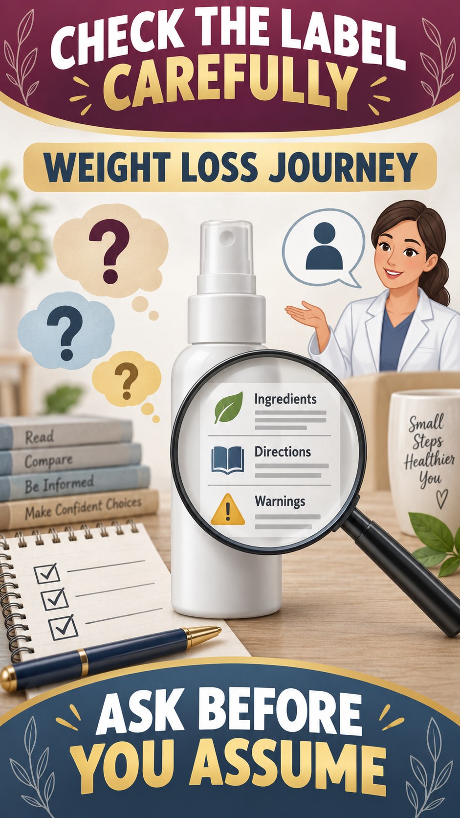 Consumer Questions Checklist infographic for Weight Loss Journey, showing a generic spray-label checklist that separates available facts, missing details, and evidence questions.