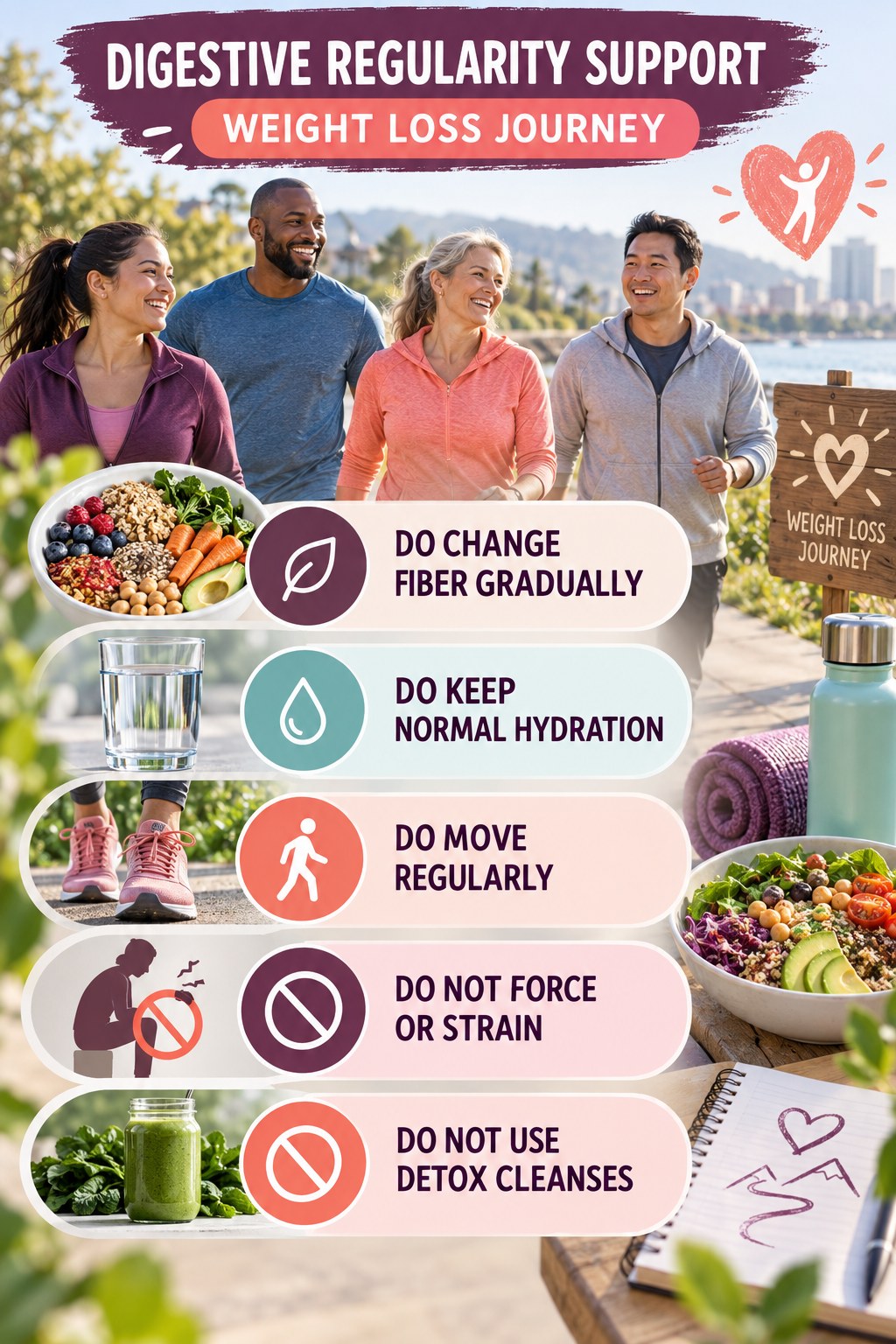 Digestive Wellness Do and Do Not infographic for Weight Loss Journey with five practical food, hydration, movement, or routine actions and no cleanse claims.