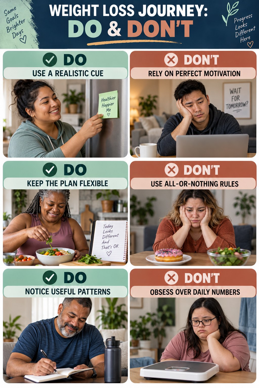 Weight Loss Journey Do and Don’t comparison graphic showing three practical behavior pairs for balanced lifestyle.