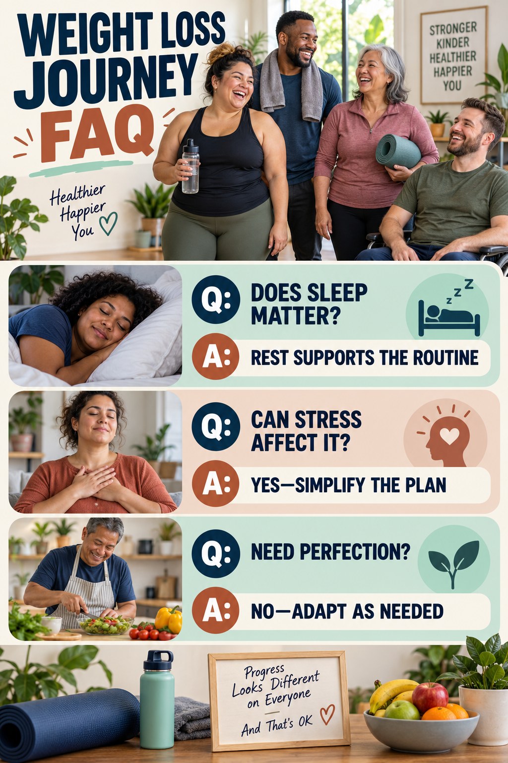 Weight Loss Journey FAQ graphic with three concise questions and practical answers for beginners.