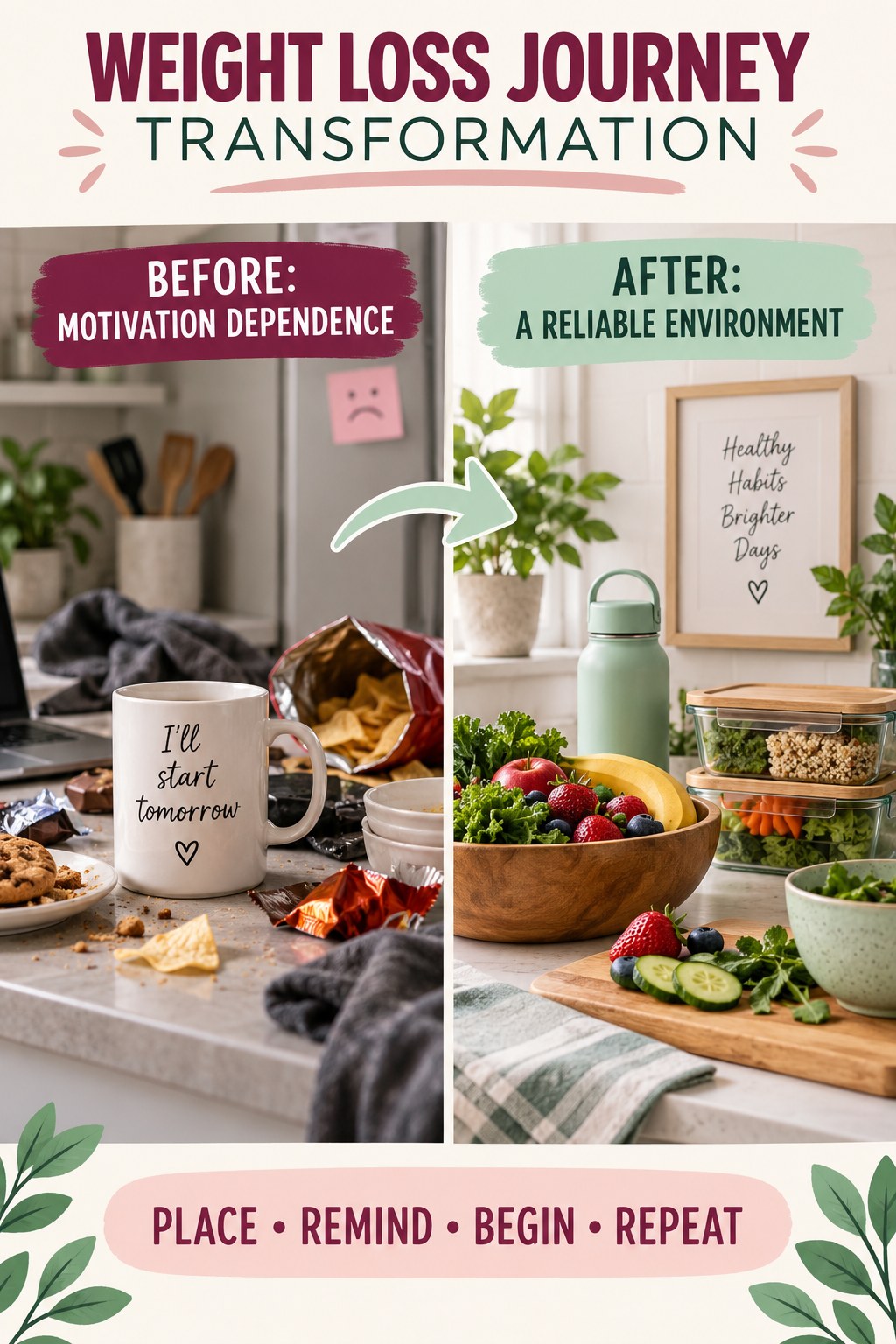Weight Loss Journey habit transformation graphic comparing motivation dependence with a reliable environment using four practical steps.