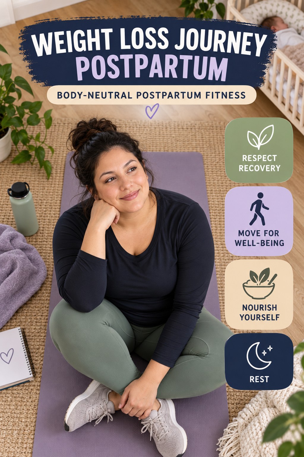 Weight Loss Journey postpartum graphic titled Body-Neutral Postpartum Fitness with four gradual recovery-aware prompts.