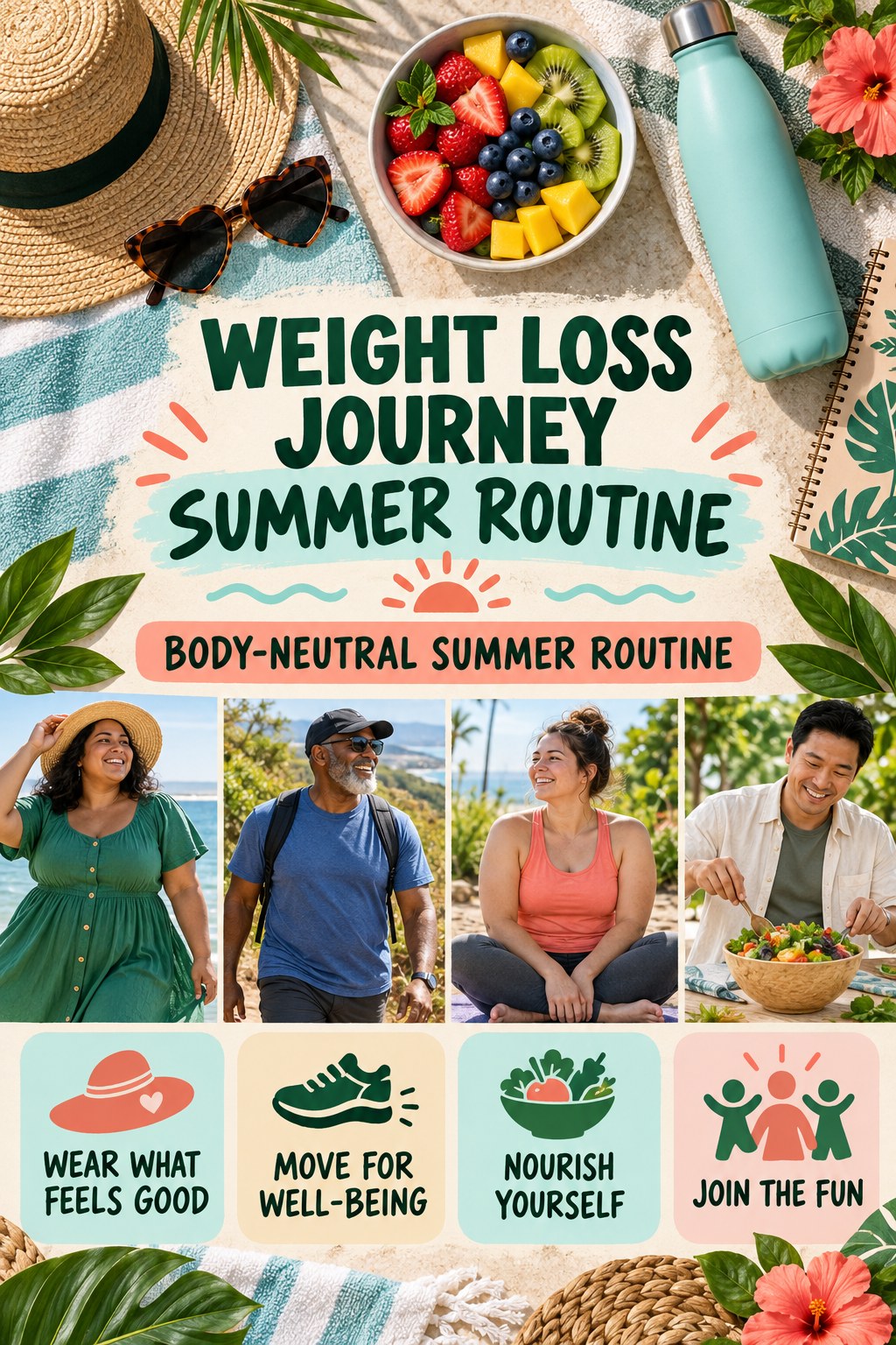 Weight Loss Journey summer routine graphic titled Body-Neutral Summer Routine with four practical wellness prompts.