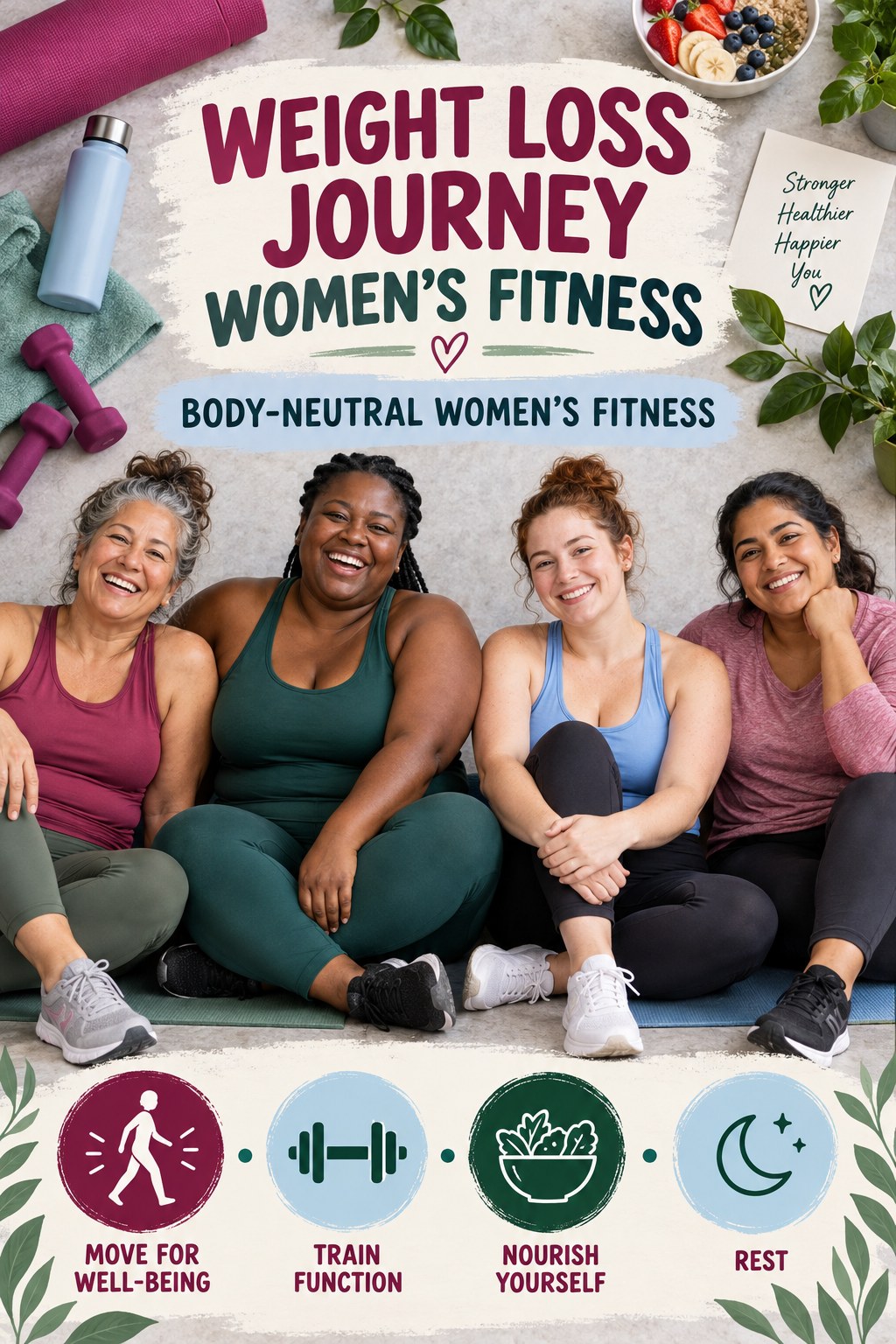 Weight Loss Journey women’s fitness graphic titled Body-Neutral Women’s Fitness with four practical training prompts.