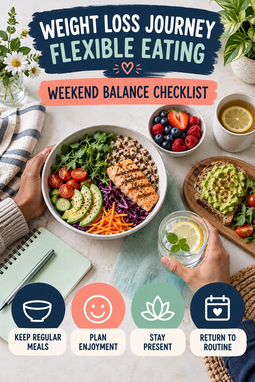 Weight Loss Journey flexible eating graphic titled Weekend Balance Checklist with four practical balance prompts.