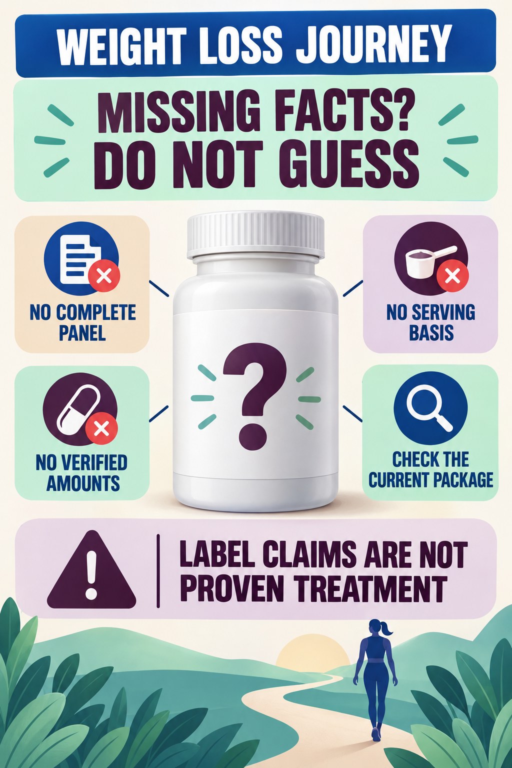 Handle a Missing Supplement Facts Panel prostate supplement label-literacy infographic for Weight Loss Journey with four careful reading points.