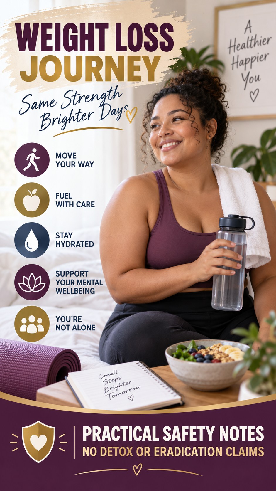 Herpes Self-Care Myth Check infographic for Weight Loss Journey, presenting respectful general HSV self-care comfort, hygiene, and safety education.
