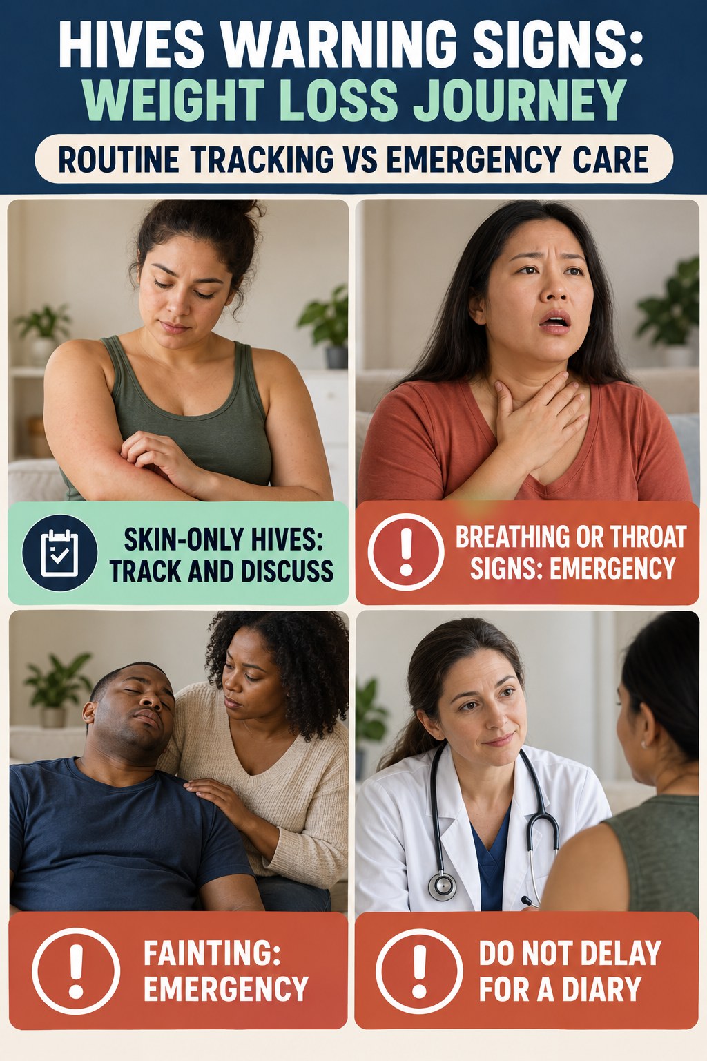 Routine Tracking vs Emergency Care infographic for Weight Loss Journey, highlighting urgent breathing, throat, swelling, fainting, and rapid-progression warning signs without diagnosing hives.