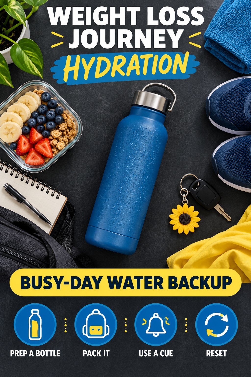 Weight Loss Journey hydration graphic titled Busy-Day Water Backup with four flexible water-habit prompts and no fixed intake target.