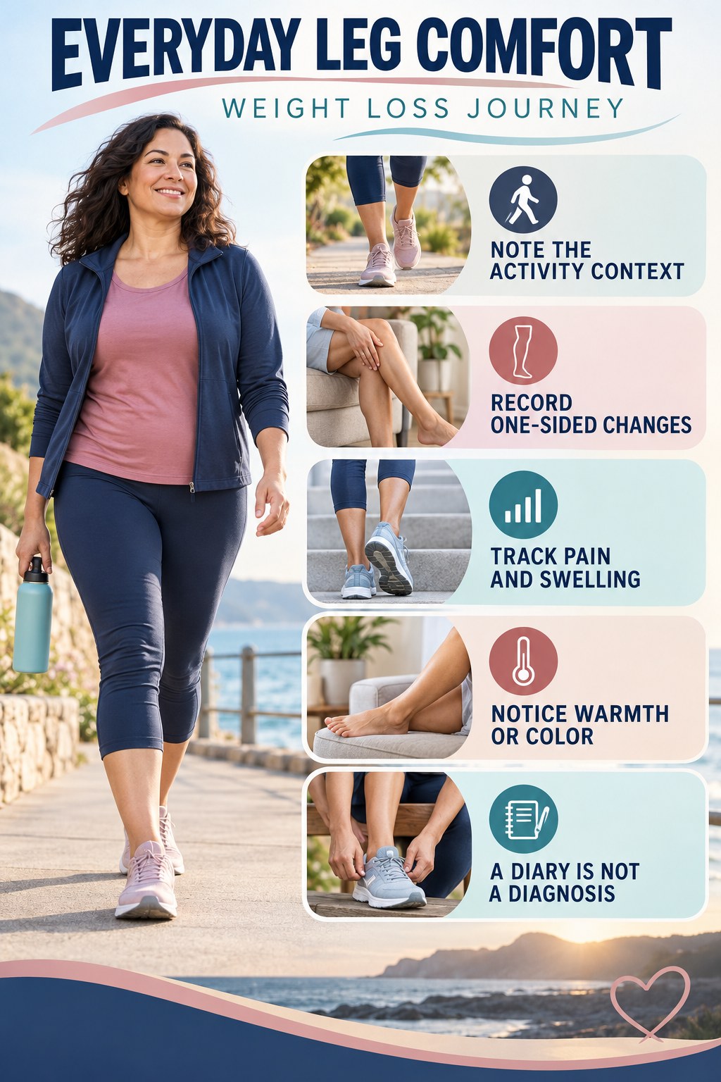 Leg Comfort Pattern Tracker infographic for Weight Loss Journey with five gentle movement, position, footwear, recovery, or safety actions.