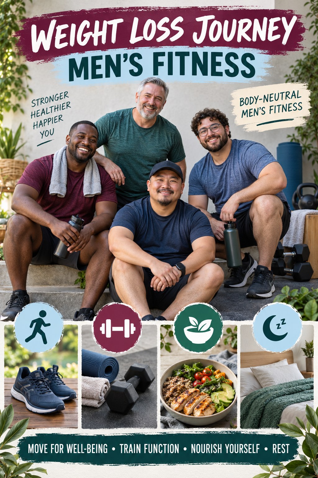 Weight Loss Journey men’s fitness graphic titled Body-Neutral Men’s Fitness with four practical training prompts.