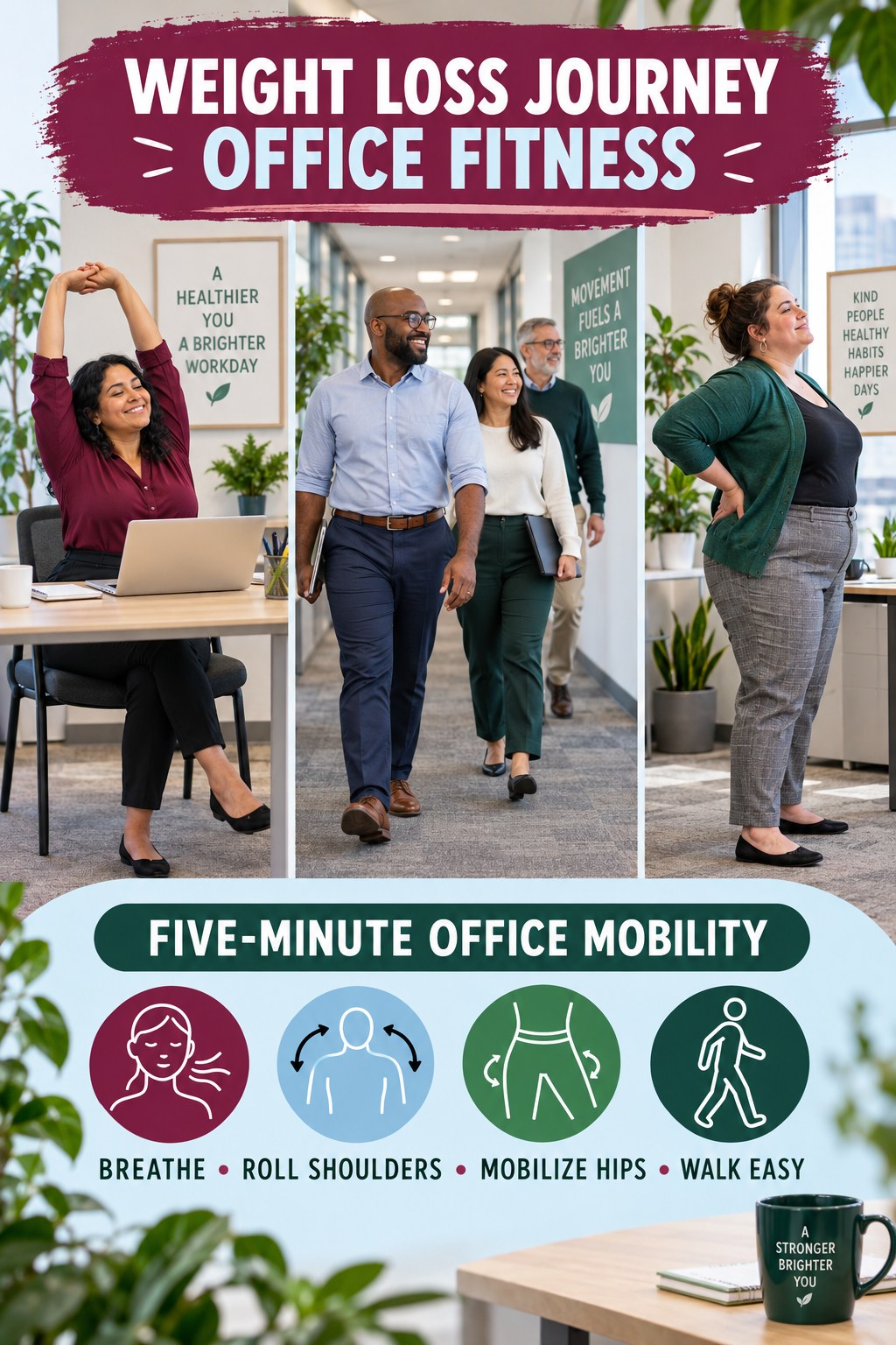 Weight Loss Journey office-fitness graphic titled Five-Minute Office Mobility with four practical workday movement prompts.