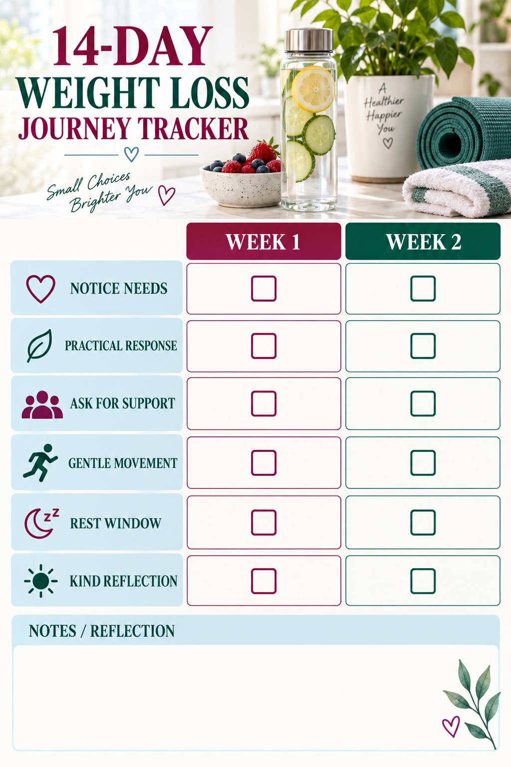 14-Day Weight Loss Journey printable-style tracker graphic with six labeled rows, empty checkboxes, and a reflection area.
