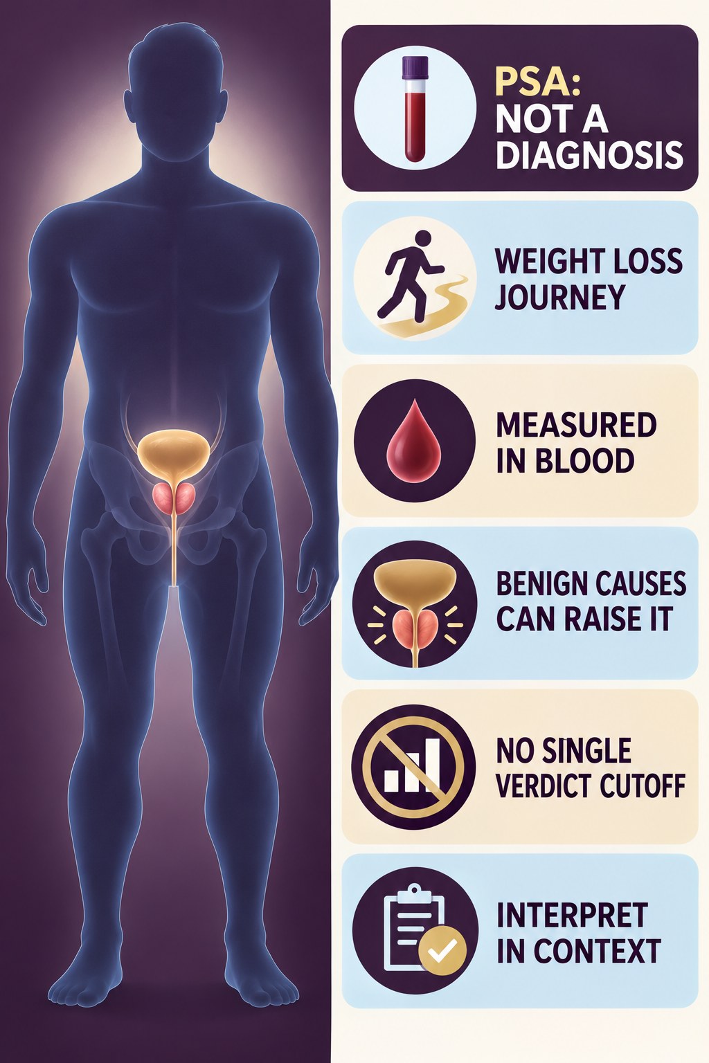 PSA Is a Test, Not a Cancer Verdict infographic for Weight Loss Journey with four concise prostate-health awareness points.