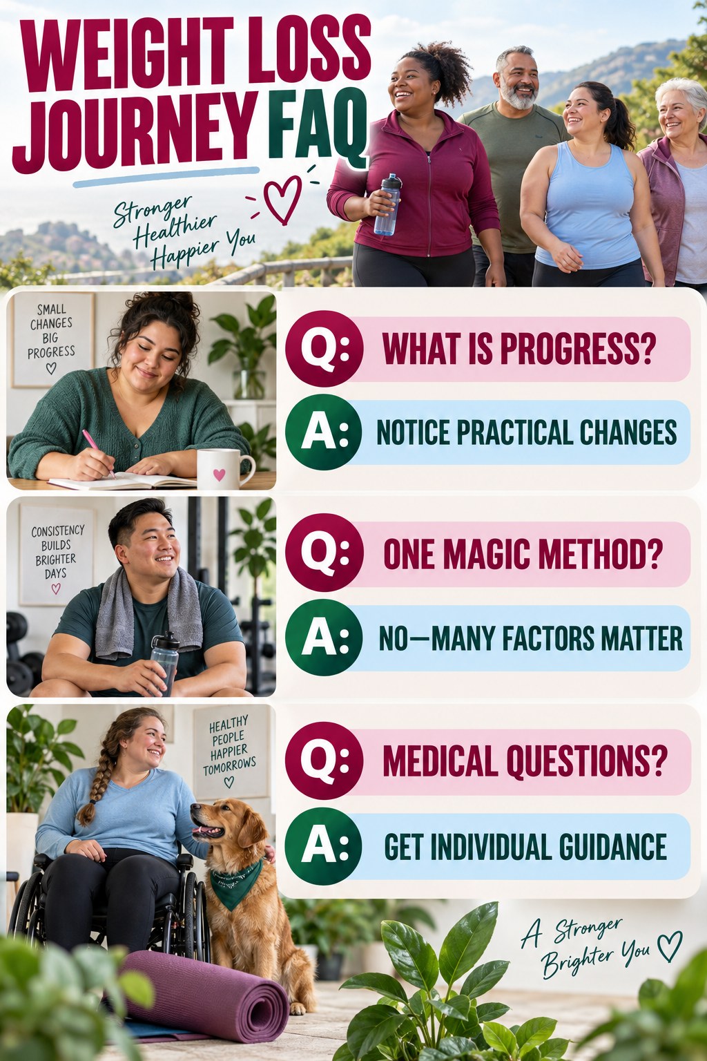 Weight Loss Journey FAQ graphic with three concise questions and practical answers for beginners.