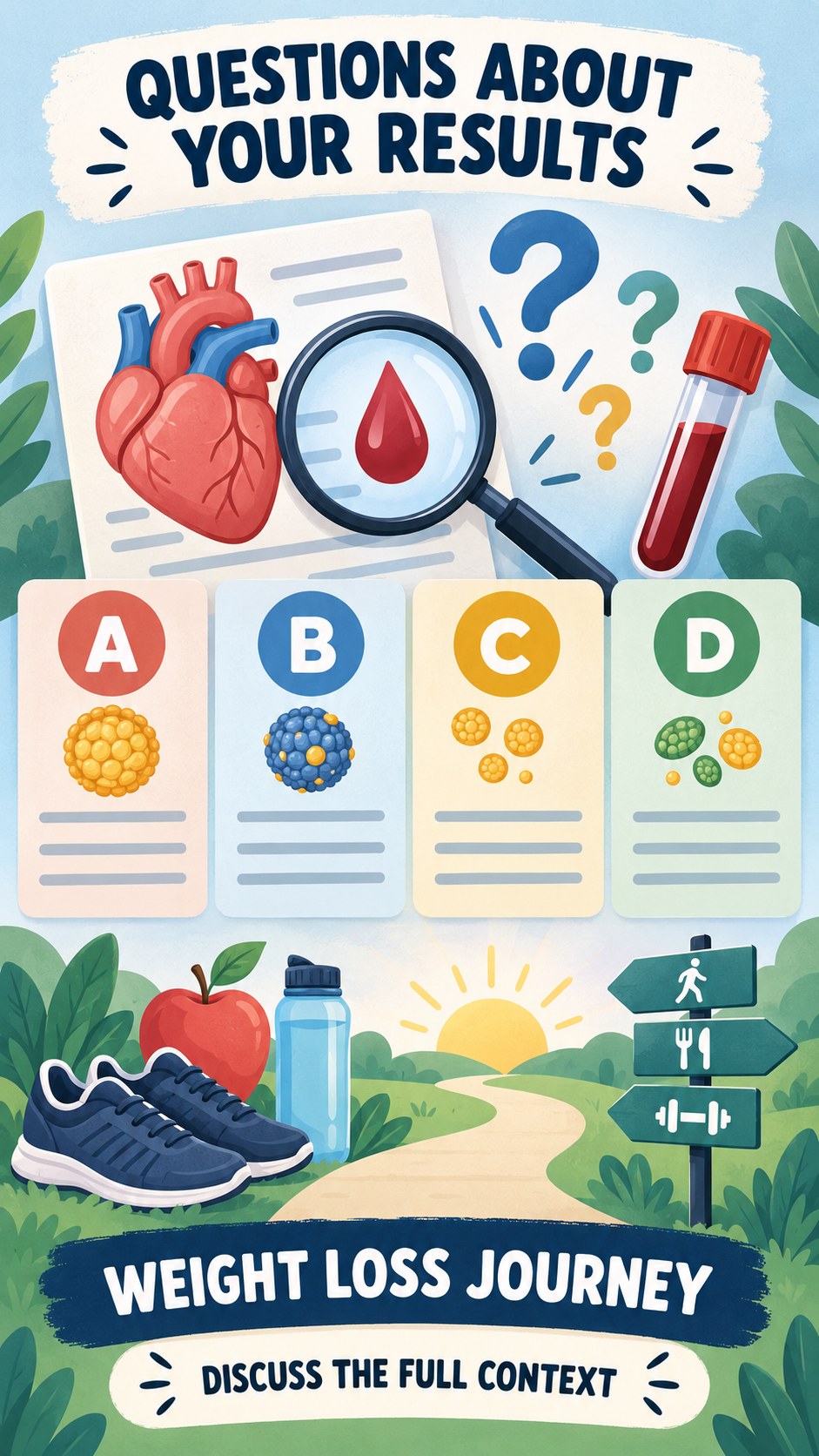 Questions for Your Clinician infographic for Weight Loss Journey, using a non-numerical educational lipid-panel layout with question and context icons.