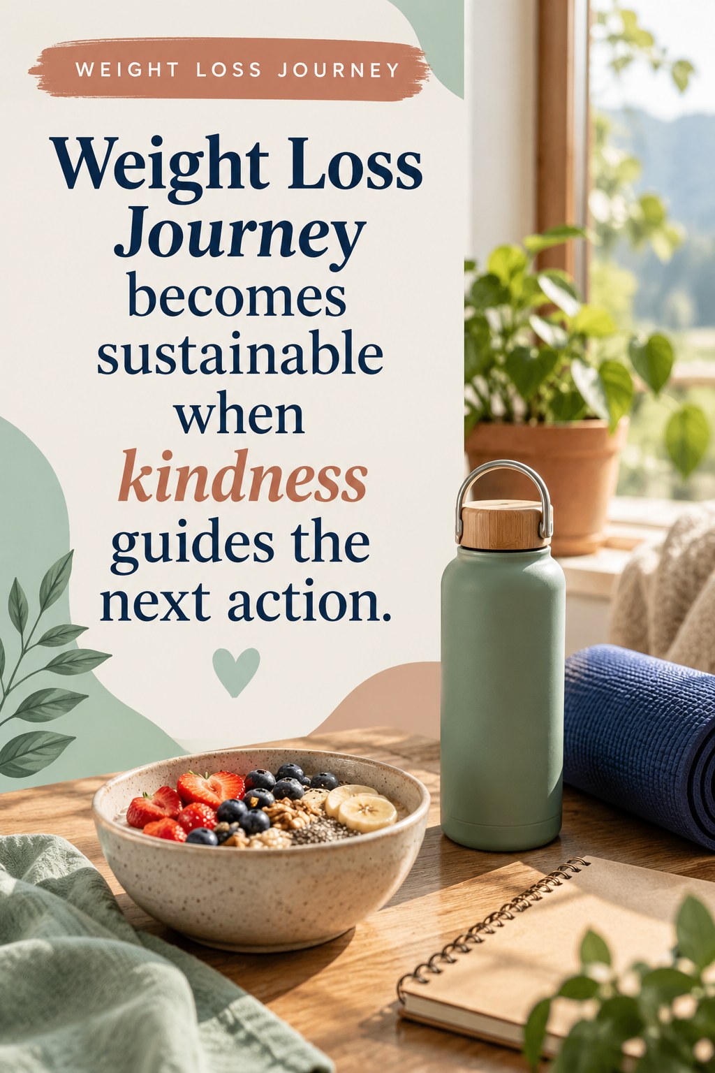 Original Weight Loss Journey quote graphic reading “Weight Loss Journey becomes sustainable when kindness guides the next action.” in a board-relevant editorial design.