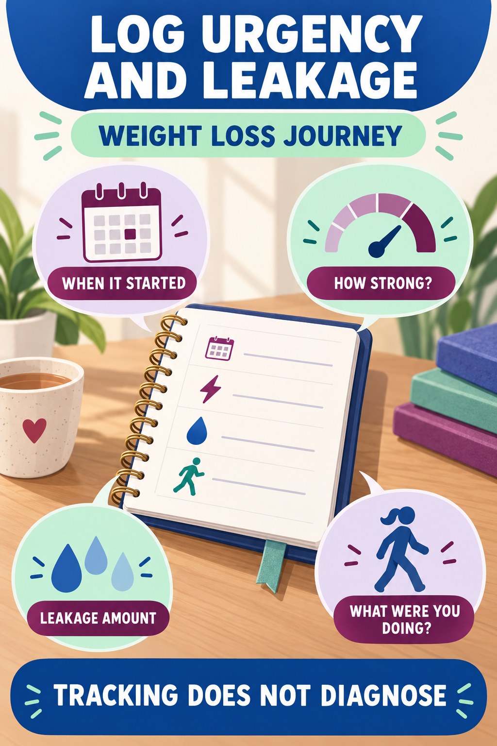 Record Urgency and Leakage Context urinary symptom tracking infographic for Weight Loss Journey with four practical diary points and a non-diagnostic reminder.