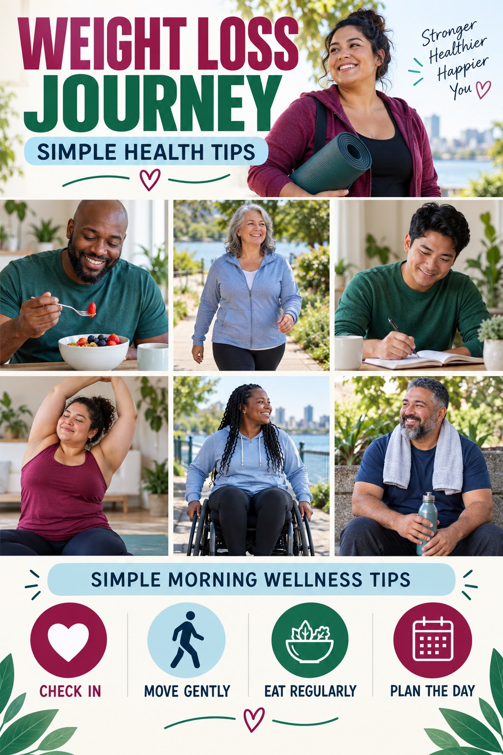 Weight Loss Journey simple-health graphic titled Simple Morning Wellness Tips with four practical wellness prompts.