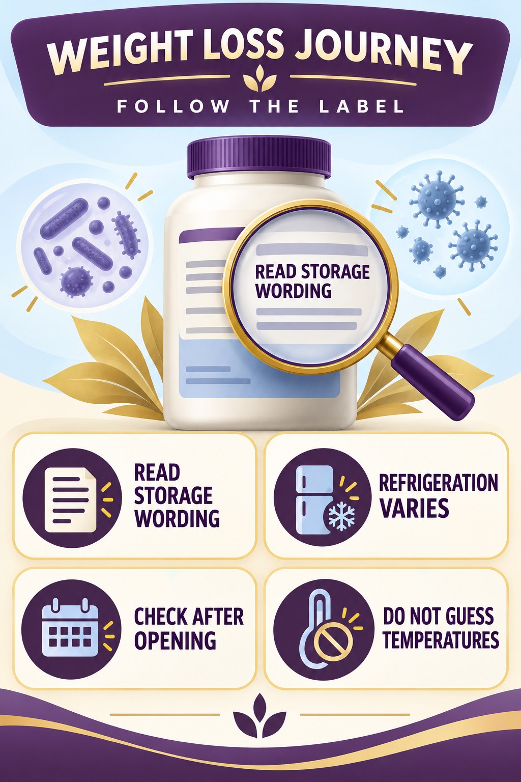 Storage Instructions Are Product Specific infographic for Weight Loss Journey with four concise probiotic-label reading points.