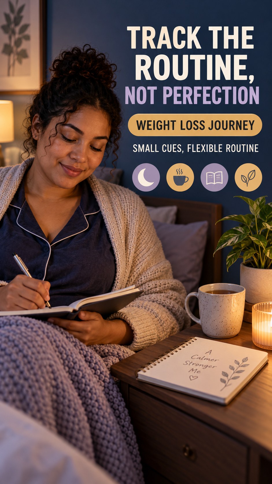 Sleep Habit Tracking infographic for Weight Loss Journey, showing a flexible and calming evening wellness routine.
