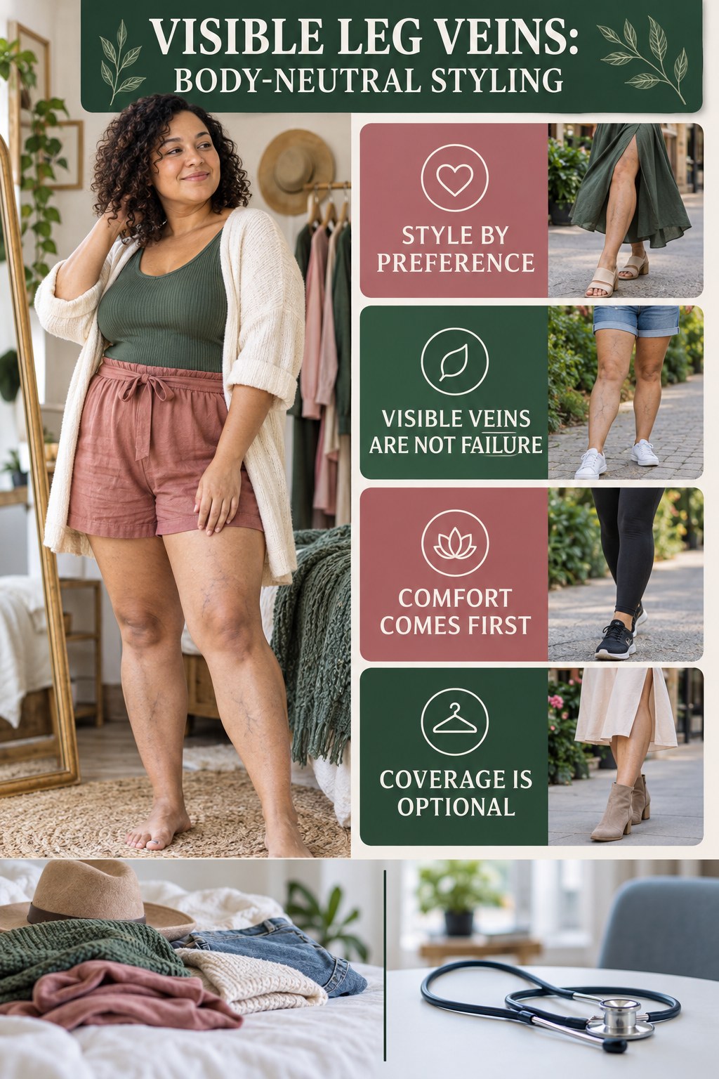 Body-Neutral Styling infographic for Weight Loss Journey, showing body-neutral visible-leg-vein appearance care and the boundary between temporary cosmetic support and treatment.