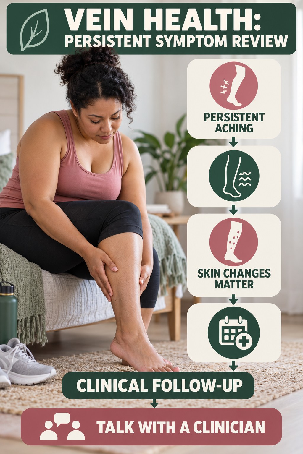 Persistent Symptom Review infographic for Weight Loss Journey, explaining vein-health warning signs and the appropriate next action without diagnosing a condition.
