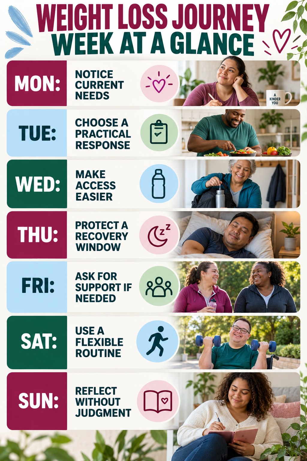 Weekly Weight Loss Journey plan graphic with concise Monday-to-Sunday actions and flexible recovery guidance.