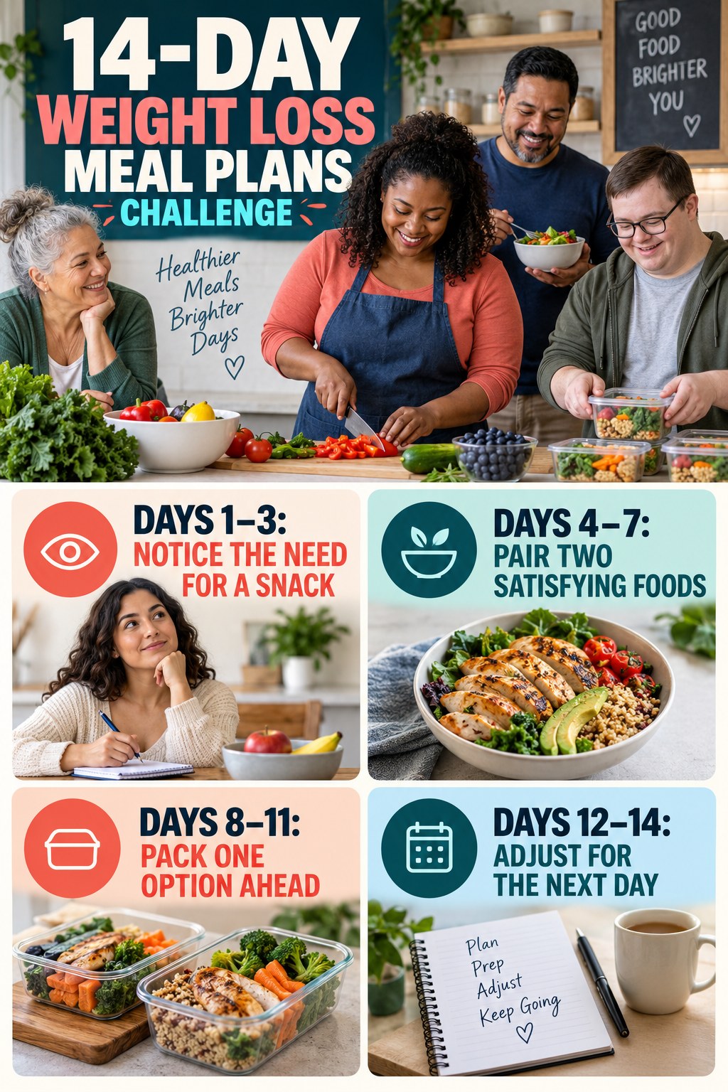 14-day Weight Loss Meal Plans challenge graphic showing four manageable milestones for consistent practice.