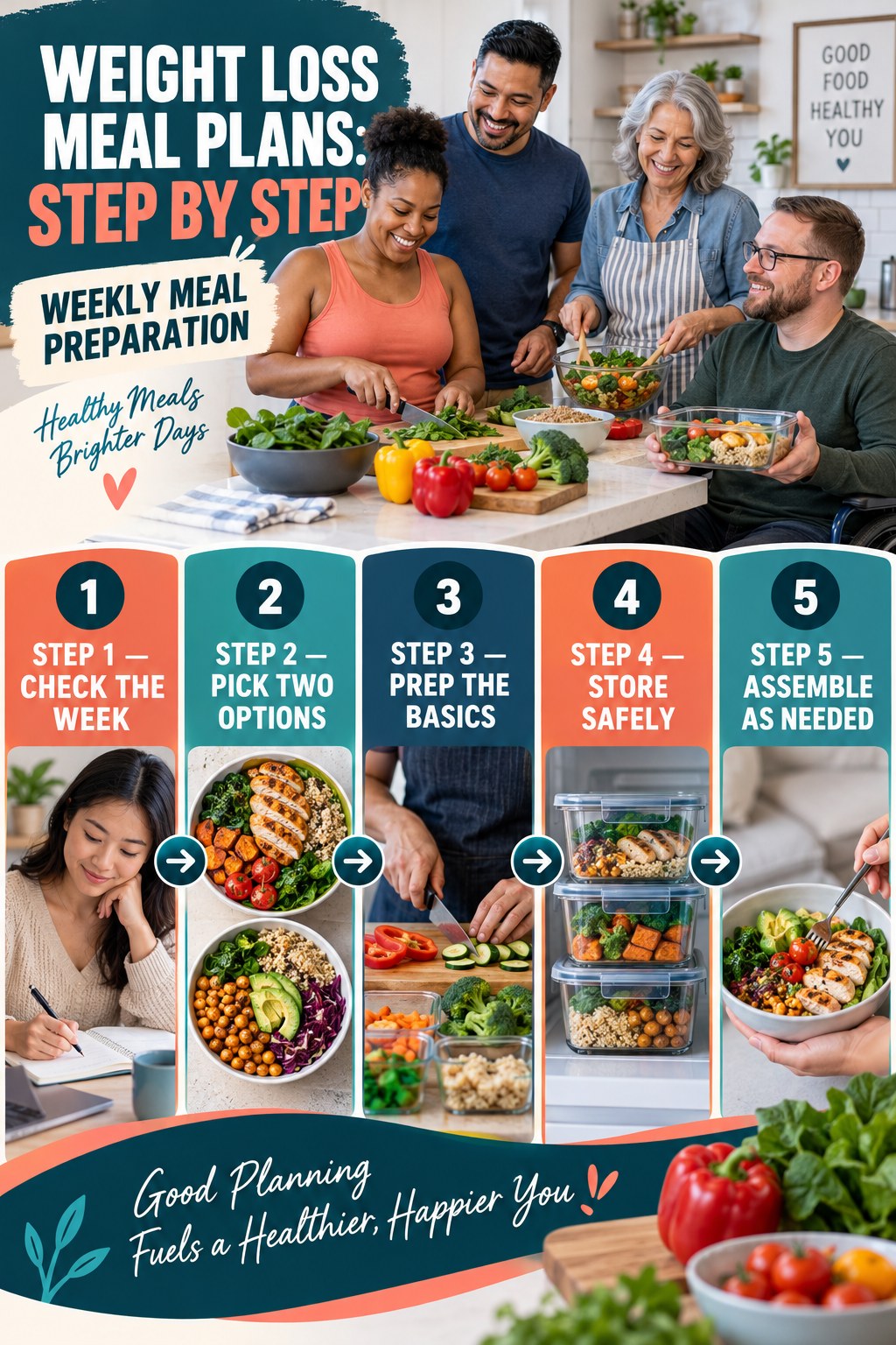 Weight Loss Meal Plans step-by-step graphic showing five numbered stages for weekly meal preparation.