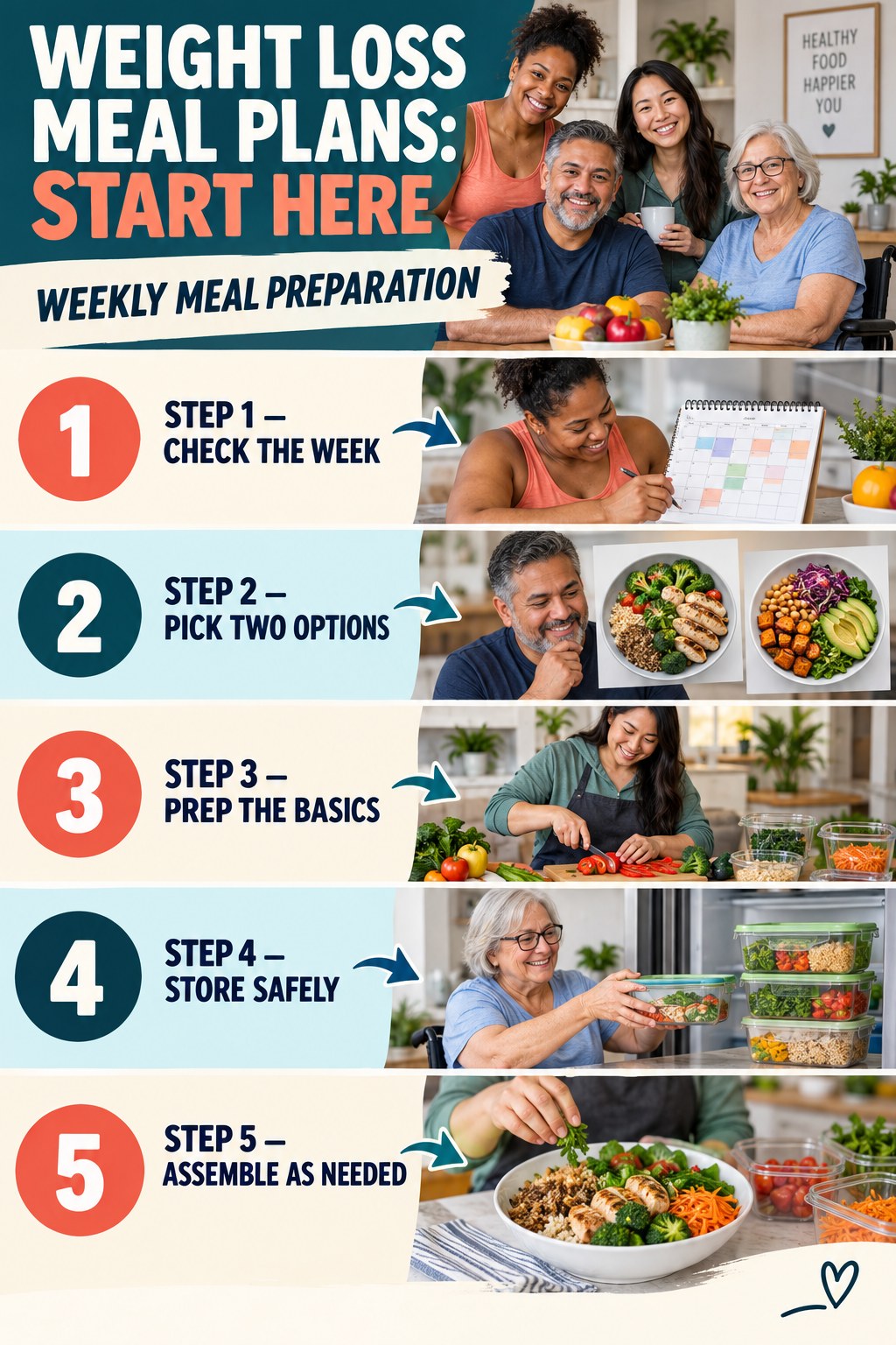 Weight Loss Meal Plans beginner guide graphic showing five manageable stages for weekly meal preparation.