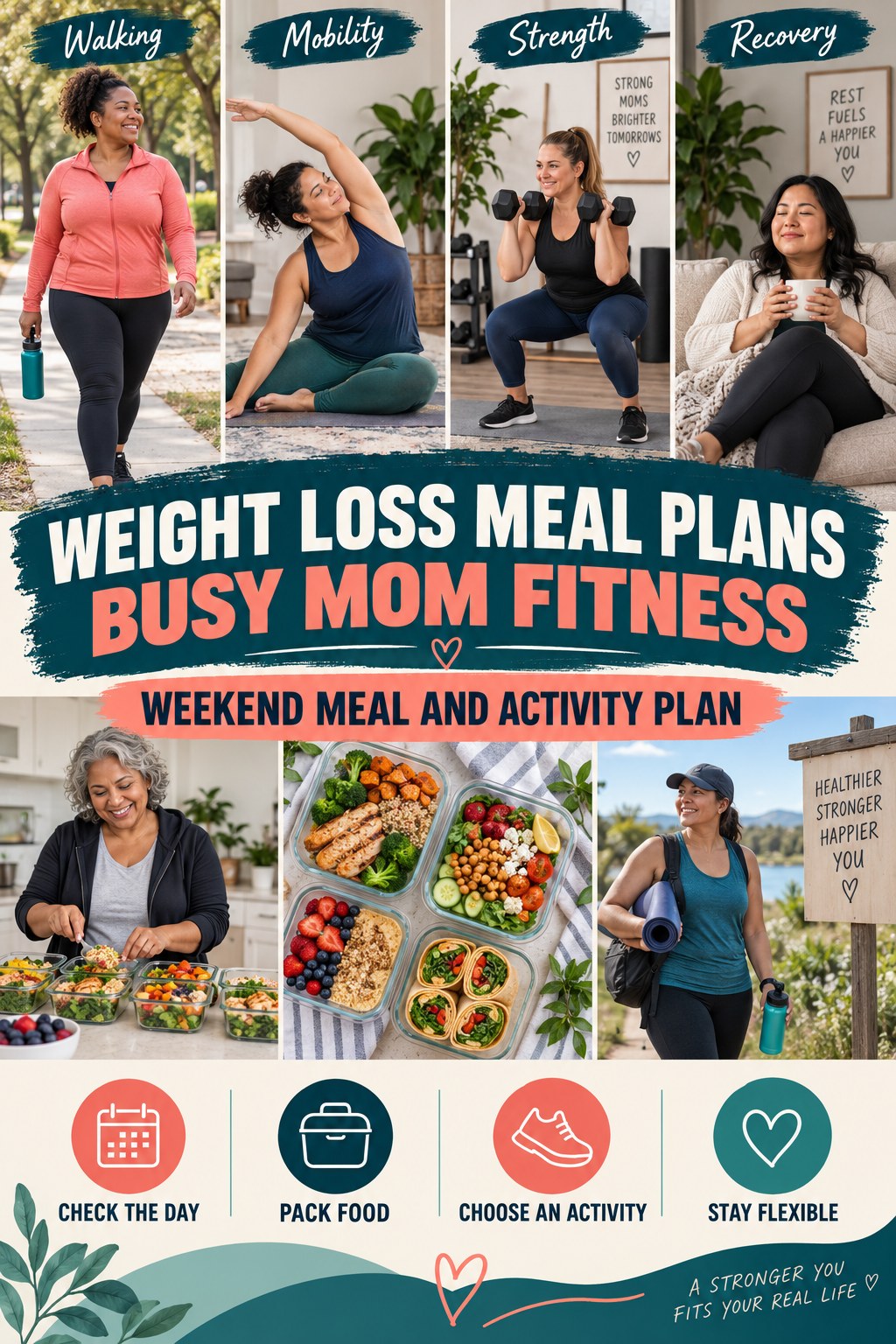 Weight Loss Meal Plans busy-mom fitness graphic titled Weekend Meal and Activity Plan with four practical movement prompts.