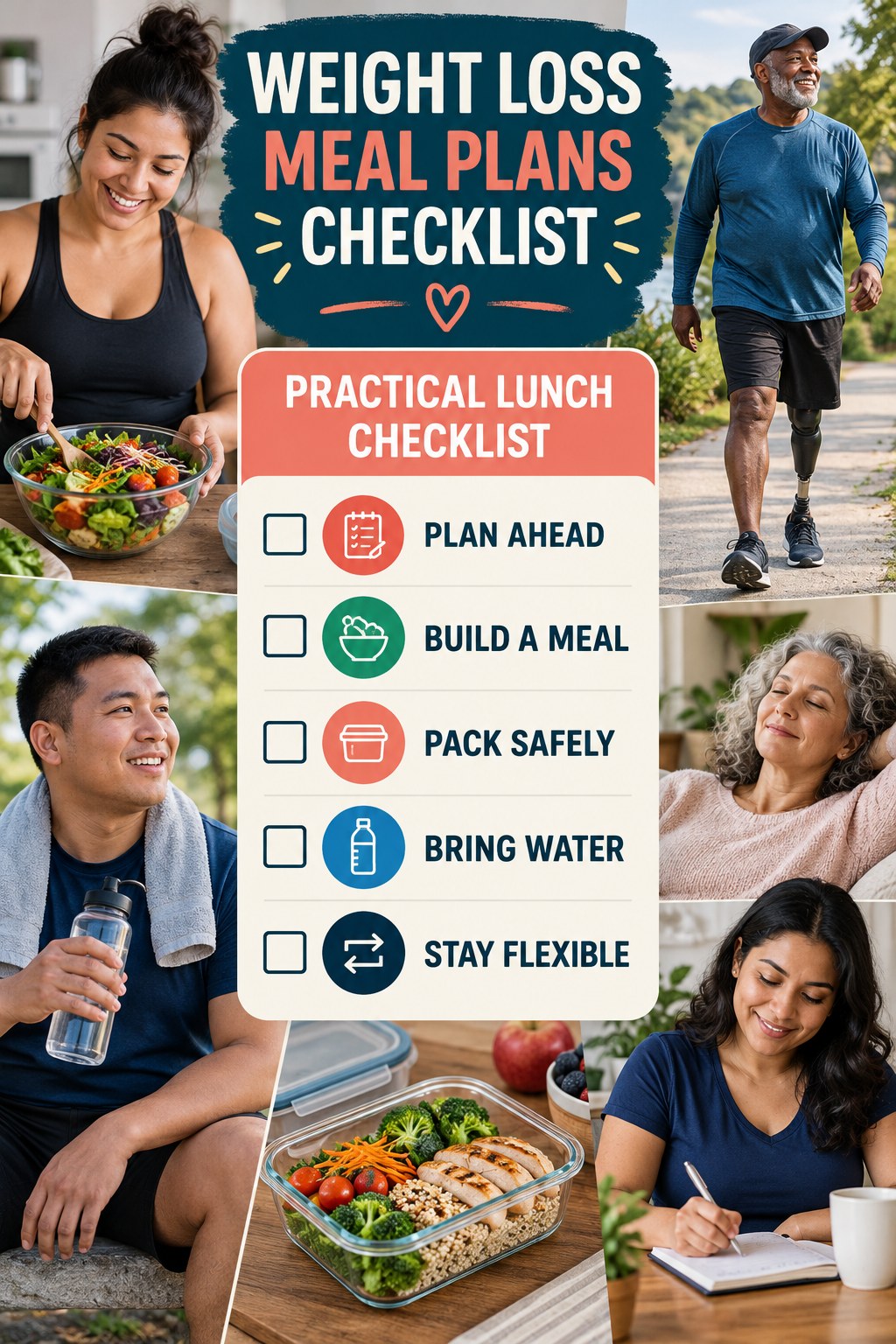 Weight Loss Meal Plans checklist graphic titled Practical Lunch Checklist with five clear practical wellness items.