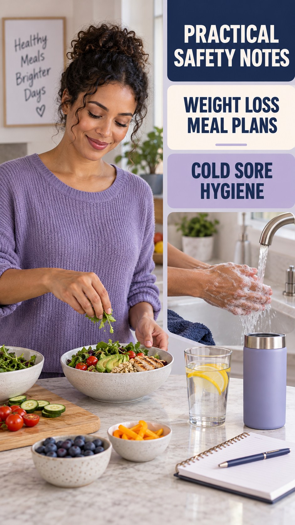 Cold Sore Hygiene at Mealtime infographic for Weight Loss Meal Plans, presenting respectful oral herpes comfort, hygiene, and safety education.